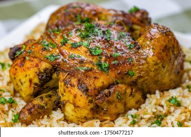 Baked Whole Chicken In Oven With Rice And Cilantro