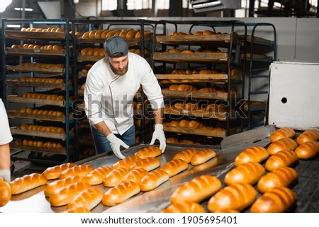 A baker collects hot bread that leaves an industrial oven in a bakery. Industrial bread production