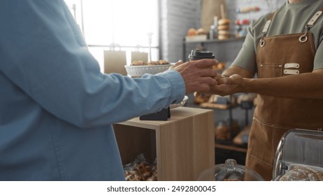 Baker handing coffee to customer at bakery counter indoors with pastries in the background. - Powered by Shutterstock