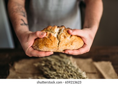 Baker Hands Breaks In Half Fresh Baked Bread Loaf