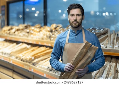 Baker holding fresh baguettes in front of supermarket bread section. Wearing apron, standing in bakery aisle with baked goods in background. Profession, bread, bakery, grocery store concept. - Powered by Shutterstock