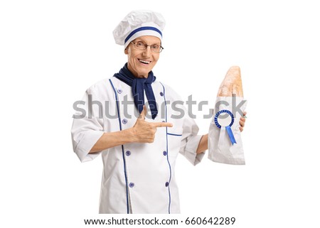 Baker holding a loaf of bread with an award ribbon and pointing isolated on white background