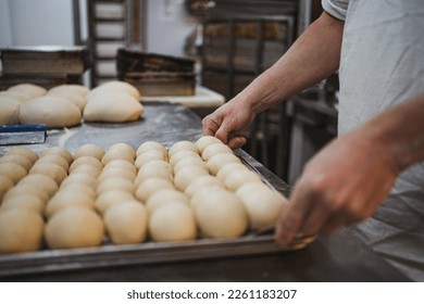 Baker man holding a metal tray full of balls of bread dough in kitchen of bakery - Powered by Shutterstock