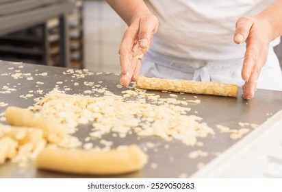 Baker rolling cookie dough in almond slices on a work surface in a bakery, preparing the dough for baking with hands covered in almond flakes in a professional baking environment - Powered by Shutterstock