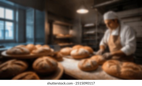 Baker working in a bakery with large loaves of freshly baked bread, surrounded by a warm and inviting atmosphere with racks of bread cooling in the background - Powered by Shutterstock