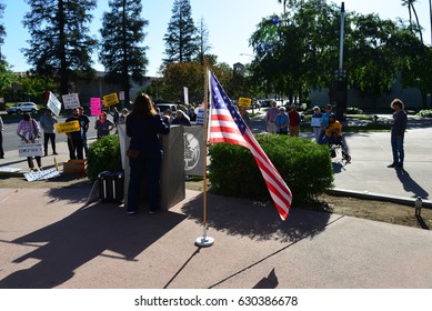 BAKERSFIELD, CA - APRIL 29, 2017: Wendy Reed, a recent candidate for 21st District Congressional Representative, addresses  crowd during the local version of the People's Climate March.