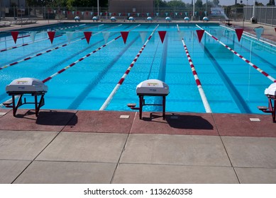 BAKERSFIELD, CA - JULY 15, 2018: The Beautiful Bakersfield College William A. Wheeler Aquatic Center Features A 50 Meter Long Olympic-sized Competition Swimming Pool.