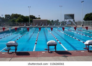 BAKERSFIELD, CA - JULY 15, 2018: The Beautiful Bakersfield College William A. Wheeler Aquatic Center Features A 50 Meter Long Olympic-sized Competition Swimming Pool.