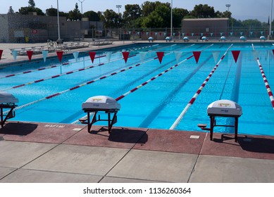 BAKERSFIELD, CA - JULY 15, 2018: The Beautiful Bakersfield College William A. Wheeler Aquatic Center Features A 50 Meter Long Olympic-sized Competition Swimming Pool.