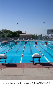 BAKERSFIELD, CA - JULY 15, 2018: The Beautiful Bakersfield College William A. Wheeler Aquatic Center Features A 50 Meter Long Olympic-sized Competition Swimming Pool.