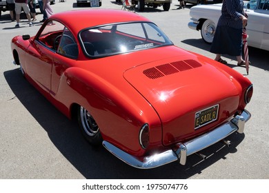 BAKERSFIELD, CA – MAY 15, 2021: This 1963 Karman Ghia Has Been Slightly Customized To Emphasize Its Sleek Lines And Advanced Styling During Today's Steve Downs Melanoma Car Show.