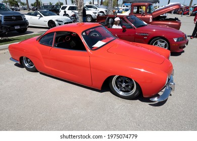 BAKERSFIELD, CA – MAY 15, 2021: This 1963 Karman Ghia Has Been Slightly Customized To Emphasize Its Sleek Lines And Advanced Styling During Today's Steve Downs Melanoma Car Show.