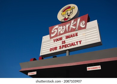 Bakersfield, California - March 28, 2020: A Vintage Neon Sign At Sparkle Dry Cleaners.