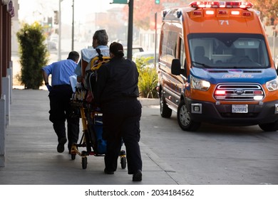 Bakersfield, California, USA - December 2, 2020: Emergency Medical Personnel Respond To The Scene Of An Emergency.