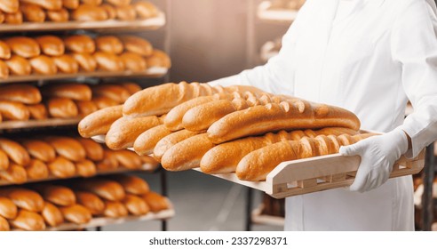 Bakery banner, worker woman baker hold fresh loaf bread from oven. Industrial food production. - Powered by Shutterstock