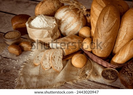 bakery bread assortment. several types of bread in an artistic composition. food-styling of bread.