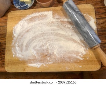 Bakery Counter With With Floured Board And Rolling Pin. High Angle View Flat Lay With Copy Space And No People, Rustic Home Kitchen