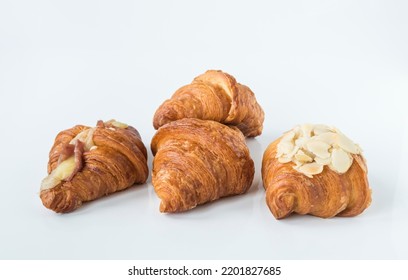 Bakery, Croissant, Butter, Sliced Almond And Fresh Baked Ham Isolated On A White Background