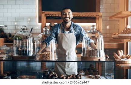 Bakery, happy and portrait of man in cafe ready for serving pastry and baked foods for small business. Restaurant, coffee shop and confident waiter or barista by counter for service, help and welcome - Powered by Shutterstock