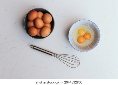 Bakery Ingredients, Egg Beater. Top View On White Background