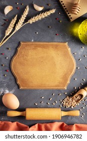 Bakery Ingredients For Homemade Bread Baking On Table. Food Recipe Top View At Stone Background Texture With Copy Space. Flat Lay Top View