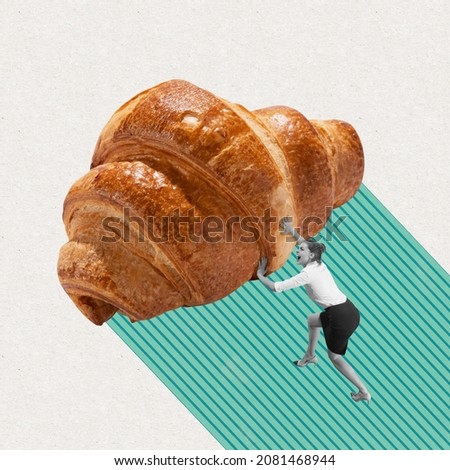 Bakery season. Contemporary art colage of young woman pushing big croissant isolated over beige background. Bakery style. Concept of art, creativity, food, delivery service, taste and ad