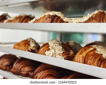 Bakery shop. Fresh baked croissants close up