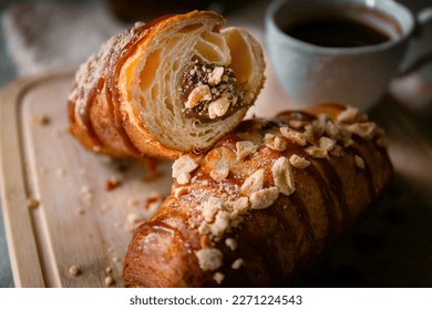 Bakery shop products - various kinds of baguette, bagel, donut, croissant, rolls, bread, puff pastry, powdered sugar delicious pies. Neutral background. Food from bakeries. - Powered by Shutterstock