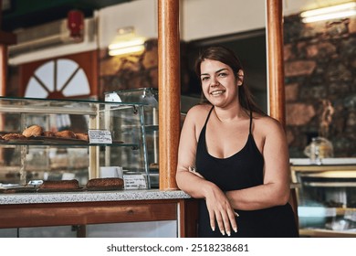 Bakery, smile and portrait of woman in store for small business, entrepreneur and restaurant. Coffee shop manager, barista and waitress with person in cafe for food service, server and hospitality - Powered by Shutterstock