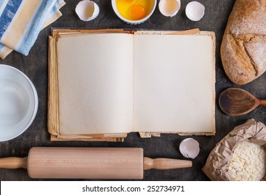 Baking Background With Blank Cook Book, Flour, Rolling Pin 