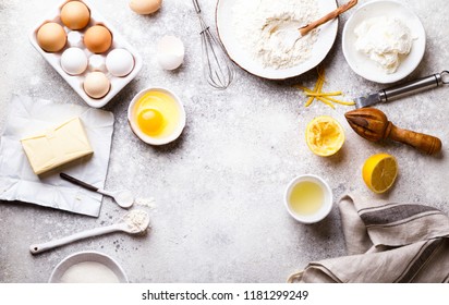  Baking background. Food accessories. Ingredients variety  for cooking dough.Concept Recipe cake of a lemon and pie. Top View. Flat Lay. Copy space for Text. 
