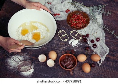 Baking Background With Ingredients For Fruit And Chocolate Cake In Rustic Kitchen; Selective Focus