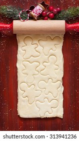 Baking Christmas Cookies Card. Rolling Pin, Cookie Cutters, Homemade Dough And Some Ornament.