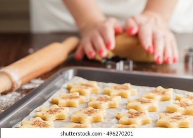 Baking Cookies For Christmas. Cookies On Baking Sheet.