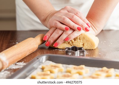 Baking Cookies For Christmas. Cookies On Baking Sheet.