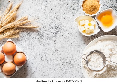 Baking or cooking background frame. Ingredients, kitchen items for baking cakes. Kitchen utensils, flour, eggs, brown sugar, butter. Text space, top view. Cookies Pie Or Cake Recipe Mockup - Powered by Shutterstock