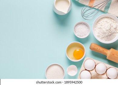 Baking or cooking background. Ingredients, kitchen items for baking. Top view.