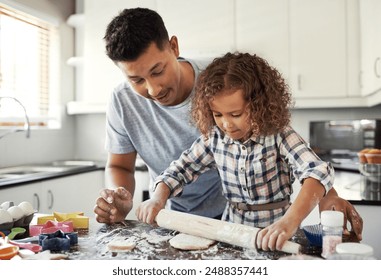 Baking, dad and girl in kitchen, learning and teaching with support, ingredients and time together. Happy family, parent and father with daughter in house, care and cooking with utensils and dough - Powered by Shutterstock