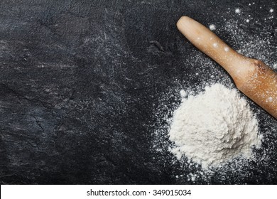 Baking Desk With Flour And Rolling Pin, Top View, Space For Text