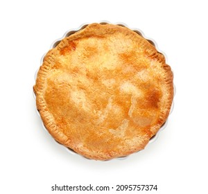 Baking Dish With Tasty Chicken Pot Pie On White Background