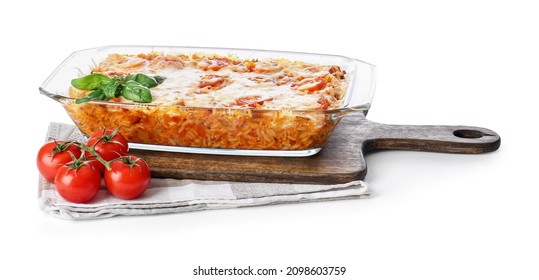 Baking Dish With Tasty Rice Casserole On White Background