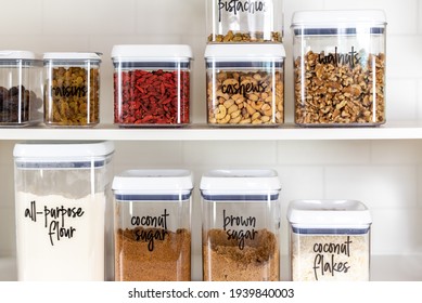 Baking ingredients in BPA-free plastic storage containers with labels