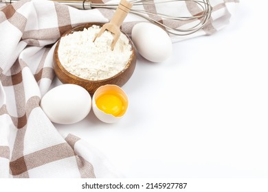 Baking ingredients chicken eggs and flour on white background - Powered by Shutterstock