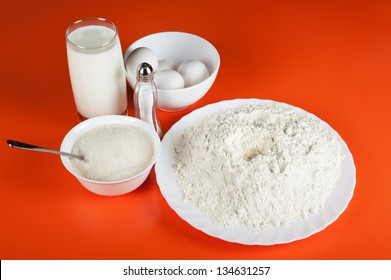 Baking Ingredients: Eggs, Flour, Sugar, Salt And Milk