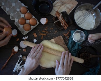 Baking Ingredients Flatlay With Copy Space. Cooking Ingredients On Black Table. Family Baking Together.