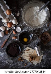 Baking Ingredients Flatlay With Copy Space. Cooking Ingredients On Black Table.