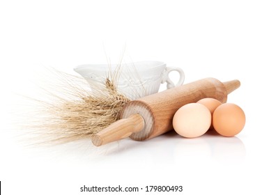 Baking Ingredients And Utensils. Isolated On White Background