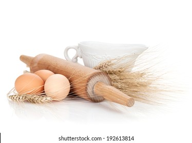 Baking Ingredients And Utensils. Isolated On White Background