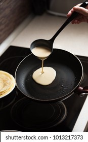 Baking Pancakes In Modern Kitchen. Steps Of Making Cooking Pancake.