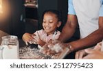 Baking, parents and kid with flour on hands in kitchen for learning, fun activity and pastry dessert in home. Happy family, people and girl child with dough wheat for sweet snack, bonding and cooking